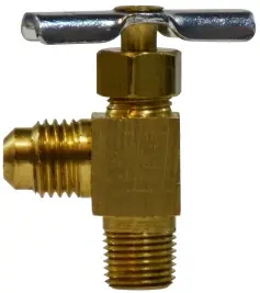 Shop Now Midland Metal 46036 90 deg Angle Needle Valve, 1/4 x 1/8 in Nominal, Male Flared x MPT, 150 psi Pressure