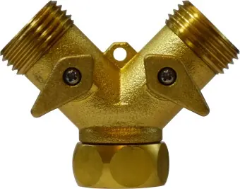 Direct From Factory Midland Metal 30627 Swivel Wye Connector with 2-Way Hose Shut-Off and Brass Levers, 3/4 in FGH x 3/4 in MGH