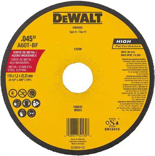 Dewalt DW8062 4-1/2" x .045" x 7/8" Metalthincut-Off Wheel Type-1 Sale