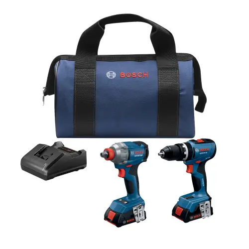 Shop Now Bosch GXL18V-241B22 18V 2-Tool Combo Kit with 1/2 In. Hammer Drill/Driver, Two-In-One 1/4 In. and 1/2 In. Bit/Socket Impact Driver/Wrench and (2) 2 Ah Standard Power Batteries