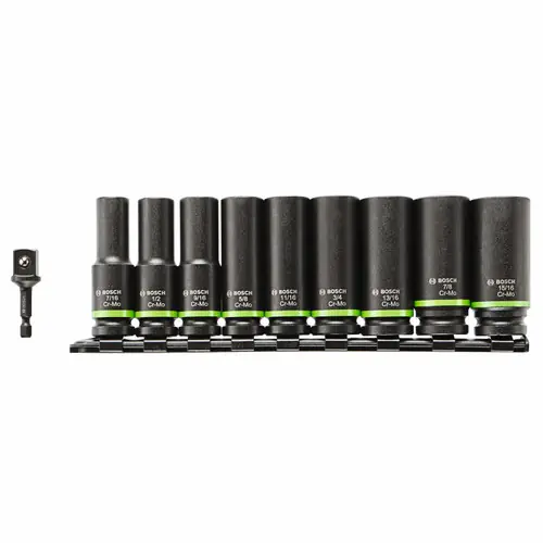 Fast Shipping Bosch ITDSO12V10 10 pc. Impact Tough Deep Well 1/2 In. Socket Set with 1/4 In. Hex to 1/2 In. Socket Adapter (10 Pack)