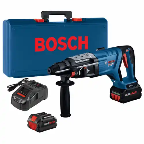 Latest Bosch GBH18V-28DCK24 18V Brushless Connected-Ready SDS-plus Bulldog 1-1/8 In. Rotary Hammer Kit with (2) CORE18V 8 Ah High Power Batteries