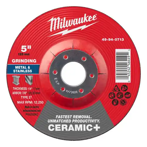 Milwaukee 49-94-0713 5" x 1/4" x 7/8" Ceramic+ Metal Grinding Wheel - Type 27, 10 Pack Top Rated