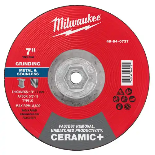 Get Yours Milwaukee 49-94-0737 7" x 1/4" x 5/8"-11 Ceramic+ Metal Grinding Wheel - Type 27, 5 Pack