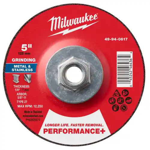 Milwaukee 49-94-0617 5" x 1/4" x 5/8"-11 Performance+ Metal Grinding Wheel - Type 27, 5 Pack Last Chance