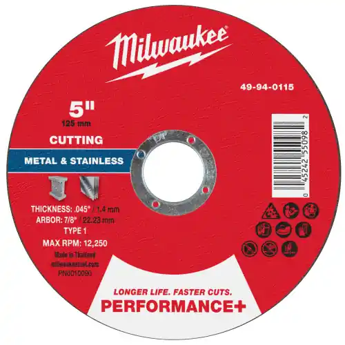 Milwaukee 49-94-0115 5" x .045" x 7/8" Performance+ Metal Cut Off Wheel - Type 1, 100 Pack Limited Offer