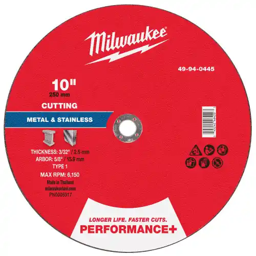 Genuine Milwaukee 49-94-0445 10" x 3/32" x 5/8" Performance+ Metal Cut Off Wheel - Type 1, 10 Pack