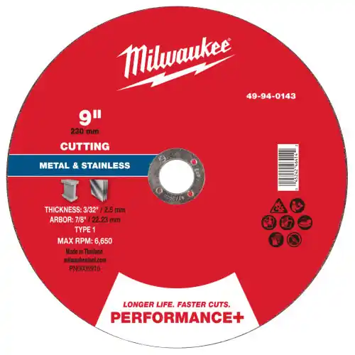 Milwaukee 49-94-0143 9" x 3/32" x 7/8" Performance+ Metal Cut Off Wheel - Type 1, 10 Pack New Release