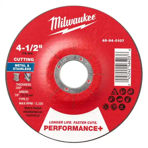 Price Cut Milwaukee 49-94-0107 4-1/2" x .045" x 7/8" Performance+ Metal Cut Off Wheel - Type 27, 25 Pack