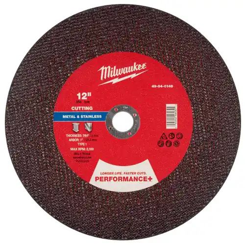 Best Price Milwaukee 49-94-0148 12" x 7/64" x 1" Performance+ Metal Cut Off Wheel - Type 1, 10 Pack
