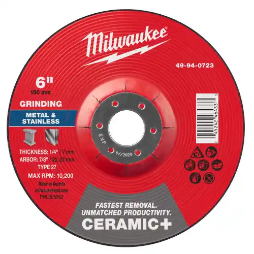 Milwaukee 49-94-0723 6" x 1/4" x 7/8" Ceramic+ Metal Grinding Wheel - Type 27 -, 10 Pack Next Day Delivery