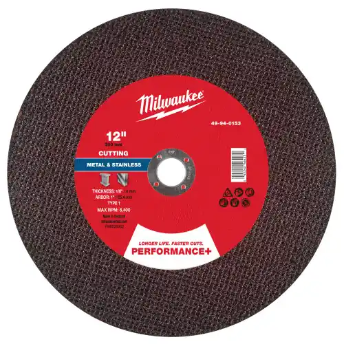 Crafted Milwaukee 49-94-0153 12" x 1/8" x 1" Performance+ Metal Cut Off Wheel - Type 1, 10 Pack