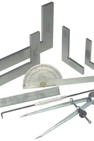 TTC TIS100 8 No. of Pieces, Set of (4) steel squares 2-3/8", 3-1/8", 5" and 6-3/4", stainless steel protractor with 6" adjustable arm, hardened and ground needle steel scriber, 6" 4R rigid steel rule, 6" spring divider Includes Drafting Instrument Set Big Sale