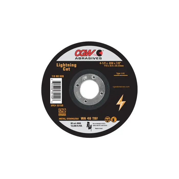 Trending CGW ABRASIVES 35150 4-1/2" Diameter White Aluminum Oxide Bonded Cut-Off Wheel - 7/8" Hole Size, 0.30" Wheel Thickness